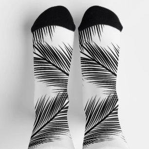 Black palm leaves on white background socks