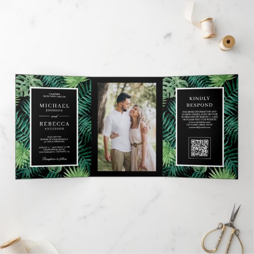Black Palm Leaves Tropical QR Code Wedding Tri-Fold Invitation