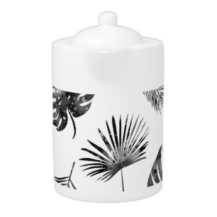 Black palm leaves: vintage seamless. teapot