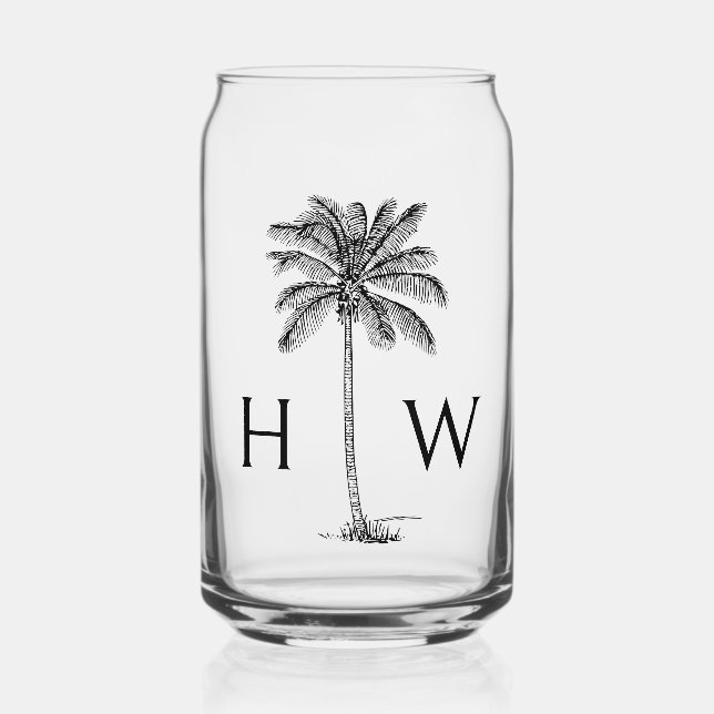 Black Palm Palmetto Tree Monogram Can Glass (Front)