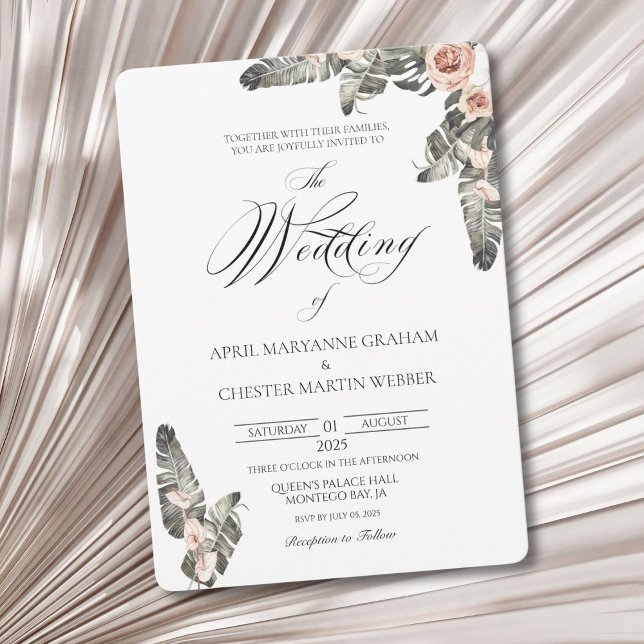 Black Palm Romance Wedding Invitation (Elegant tropical theme invitation. Perfect for a destination wedding.)