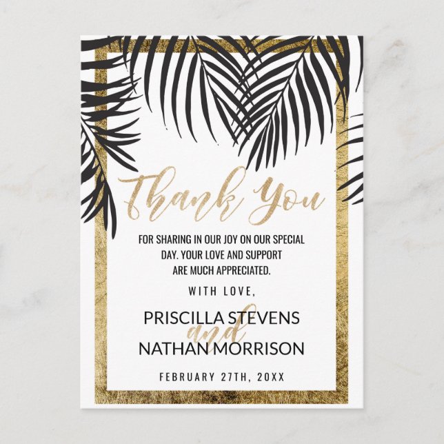 Black Palm Tree Frond Gold Border Modern Thank You Postcard (Front)