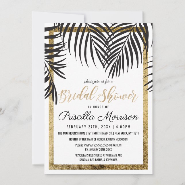 Black Palm Tree Fronds Gold Border Bridal Shower Invitation (Front)