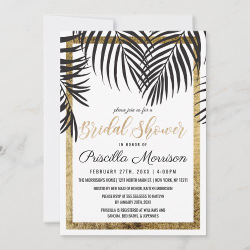 Black Palm Tree Fronds Gold Border Bridal Shower Invitation