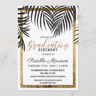 Black Palm Tree Fronds Gold Border Graduation Invitation