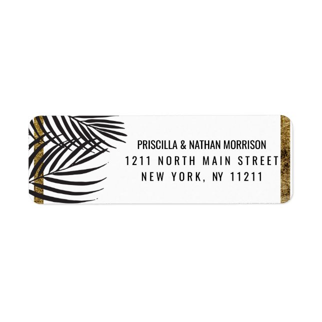 Black Palm Tree Fronds Gold Border Modern Address Label (Front)