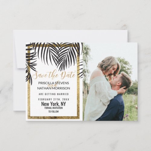 Black Palm Tree Fronds Gold Border Modern Save The Date