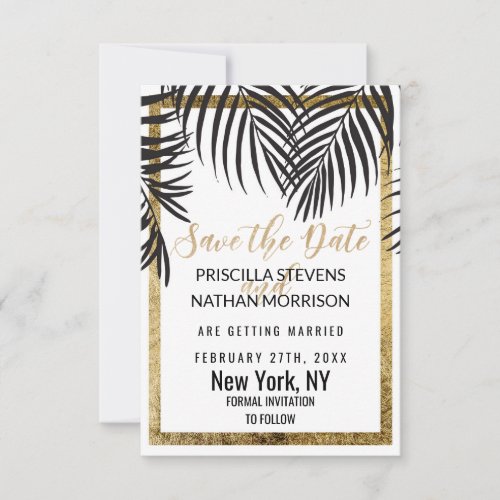 Black Palm Tree Fronds Gold Border Modern Save The Date