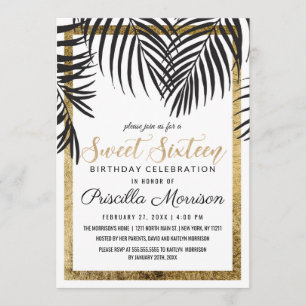 Black Palm Tree Fronds Gold Border Modern Sweet 16 Invitation