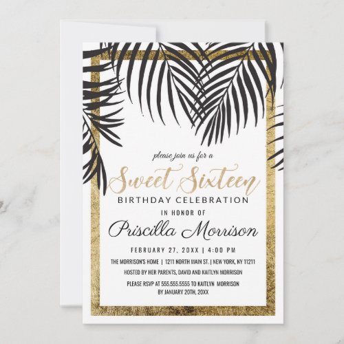 Black Palm Tree Fronds Gold Border Modern Sweet 16 Invitation