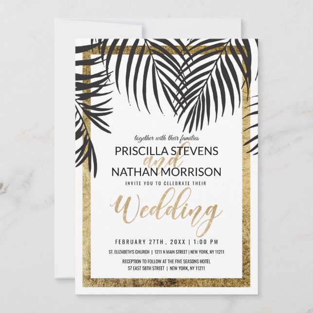 Black Palm Tree Fronds Gold Border Modern Wedding Invitation (Front)