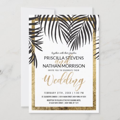 Black Palm Tree Fronds Gold Border Modern Wedding Invitation
