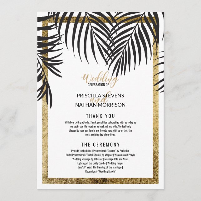 Black Palm Tree Fronds Gold Border Modern Wedding Program (Front)