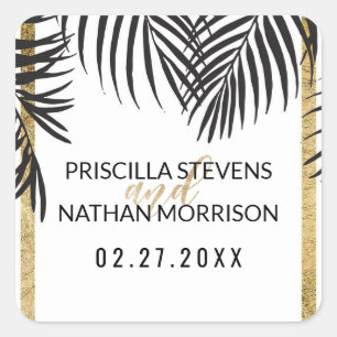 Black Palm Tree Fronds Gold Border Modern Wedding Square Sticker