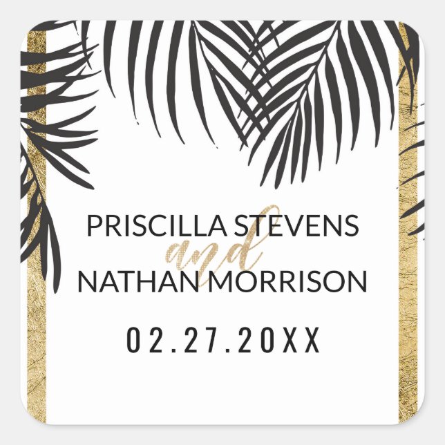 Black Palm Tree Fronds Gold Border Modern Wedding Square Sticker (Front)