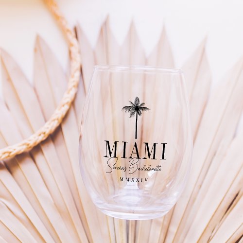Black Palm Tree Personalized Bachelorette Party Stemless Wine Glass