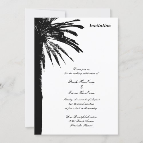 Black palm tree silhouette tropical beach wedding invitation