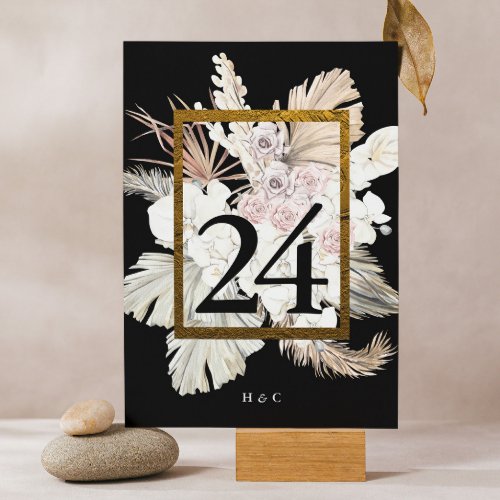 Black Pampas Dried Grass Tropical Jungle Floral Table Number