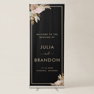 Black Pampas Grass Dried Palm Leaf Floral Wedding Retractable Banner