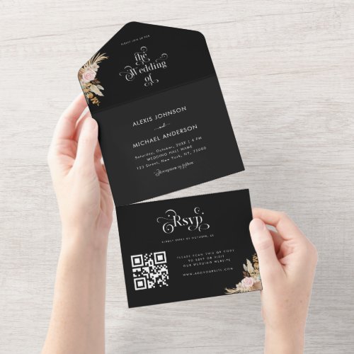 Black Pampas Grass Floral  Retro Boho Typography All In One Invitation