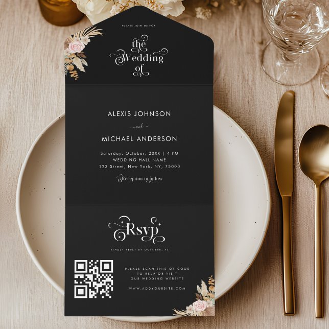 Black Pampas Grass Floral & Retro Boho Typography All In One Invitation (Creator Uploaded)