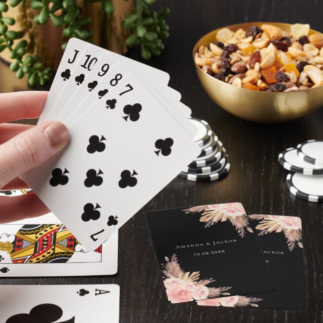 Black pampas grass rose gold florals Wedding Poker Cards (In Situ)