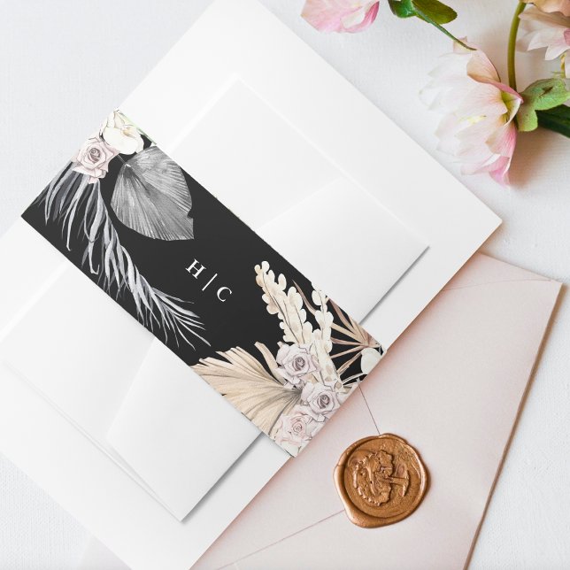 Black Pampas Grass Tropical Jungle Floral Wedding Invitation Belly Band (Creator Uploaded)