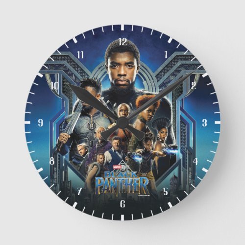 Black Panther  Characters Over Wakanda Round Clock