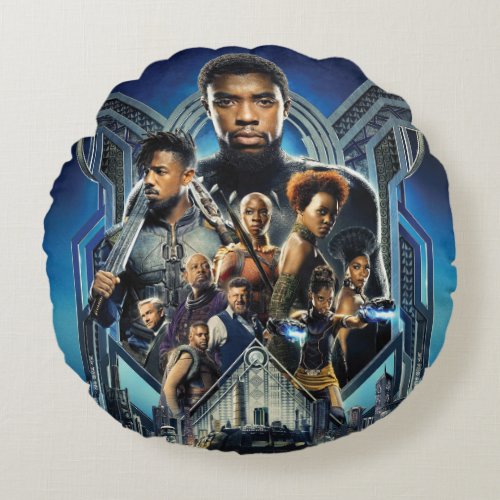 Black Panther  Characters Over Wakanda Round Pillow