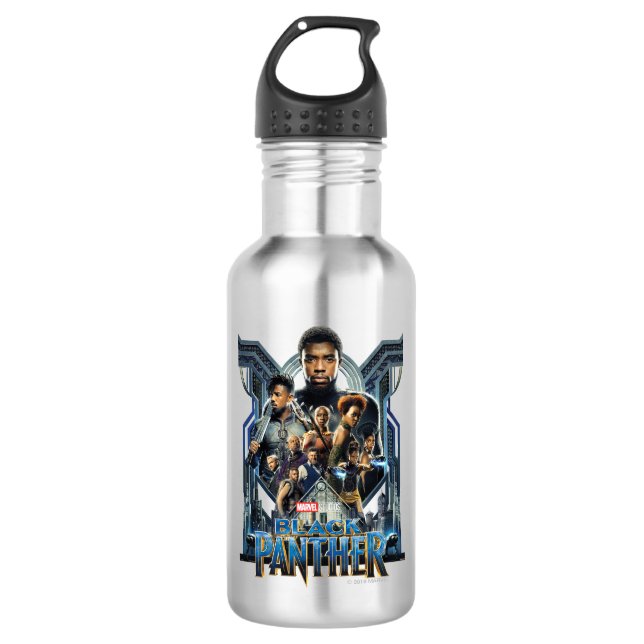 Black Panther | Characters Over Wakanda Water Bottle (Front)