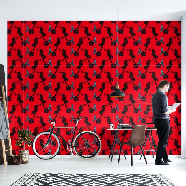 Black panther Flower birds Maximalist wallpaper (Living Room)
