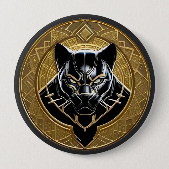 Black Panther Icon With Golden Geometric Backdrop Button (Front)
