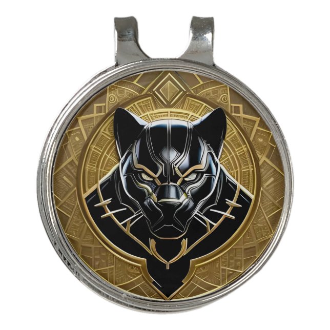 Black Panther Icon With Golden Geometric Backdrop Golf Hat Clip (Front)
