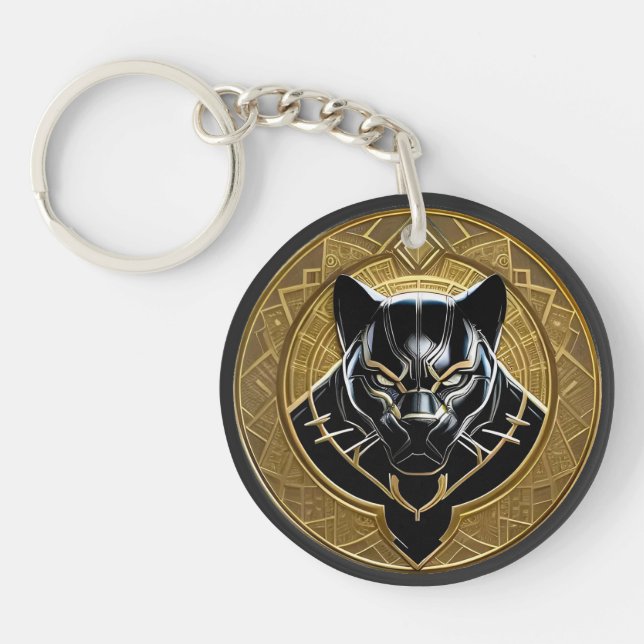 Black Panther Icon With Golden Geometric Backdrop Keychain (Front)