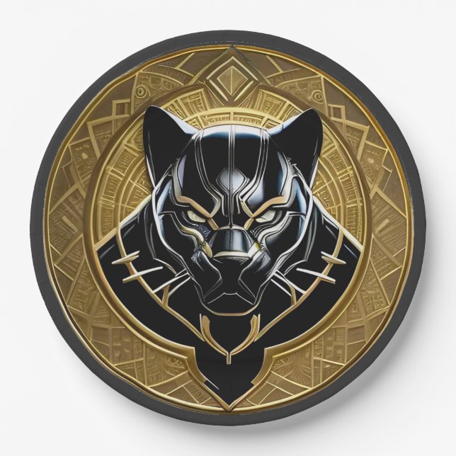 Black Panther Icon With Golden Geometric Backdrop Paper Plates (Front)