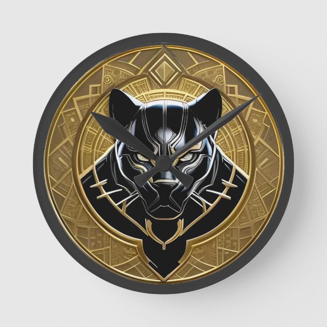 Black Panther Icon With Golden Geometric Backdrop Round Clock (Front)