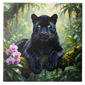 Black Panther in the Jungle Ceramic Tile