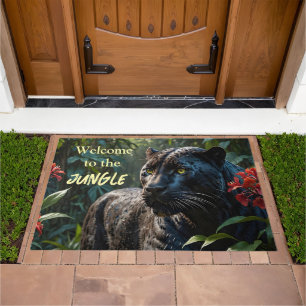 Black Panther - Jaguar in Jungle Red Flowers Doormat