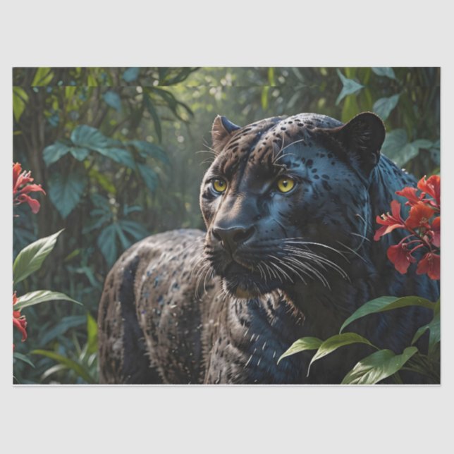 Black Panther - Jaguar in Jungle Red Flowers Tissue Paper (Front)