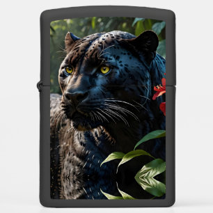 Black Panther - Jaguar in Jungle Red Flowers Zippo Lighter