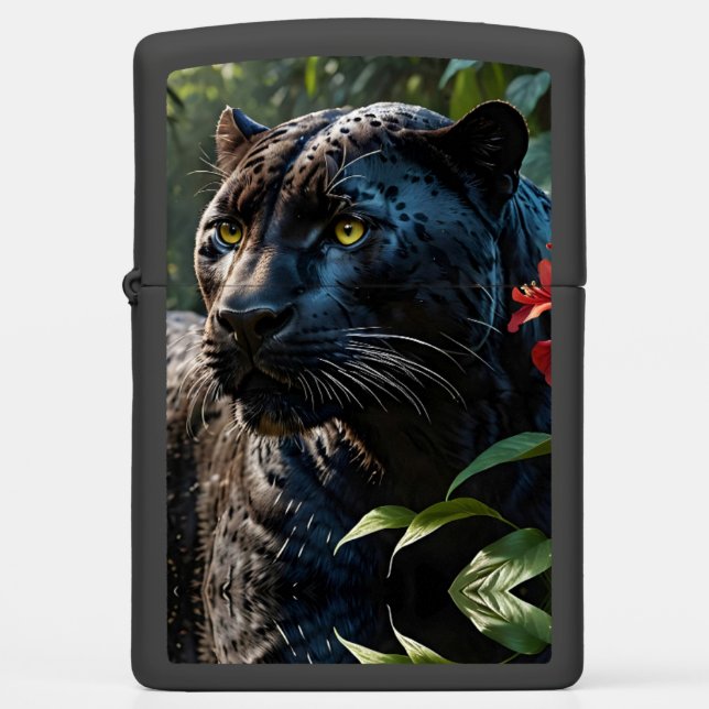 Black Panther - Jaguar in Jungle Red Flowers Zippo Lighter (Front)