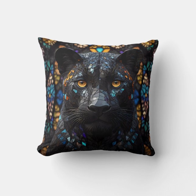 Black Panther Mosaic Stained Glass Throw Pillow (Front)