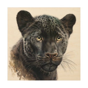 Black Panther Portrait Image Watercolor Wood Wall Art