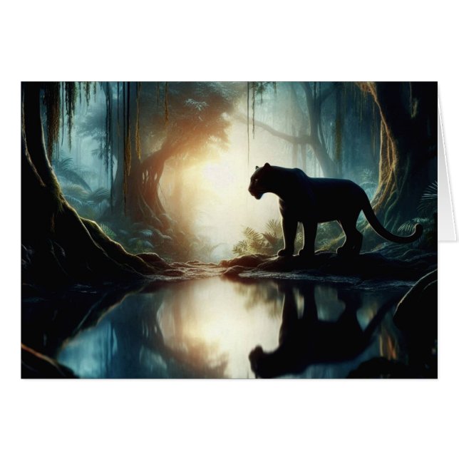 Black Panther Reflected in Pool of Water in Jungle (Front Horizontal)