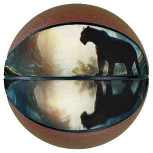 Black Panther Reflected in Pool of Water in Jungle Basketball