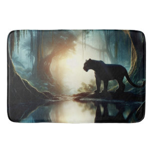 Black Panther Reflected in Pool of Water in Jungle Bath Mat