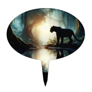 Black Panther Reflected in Pool of Water in Jungle Cake Topper
