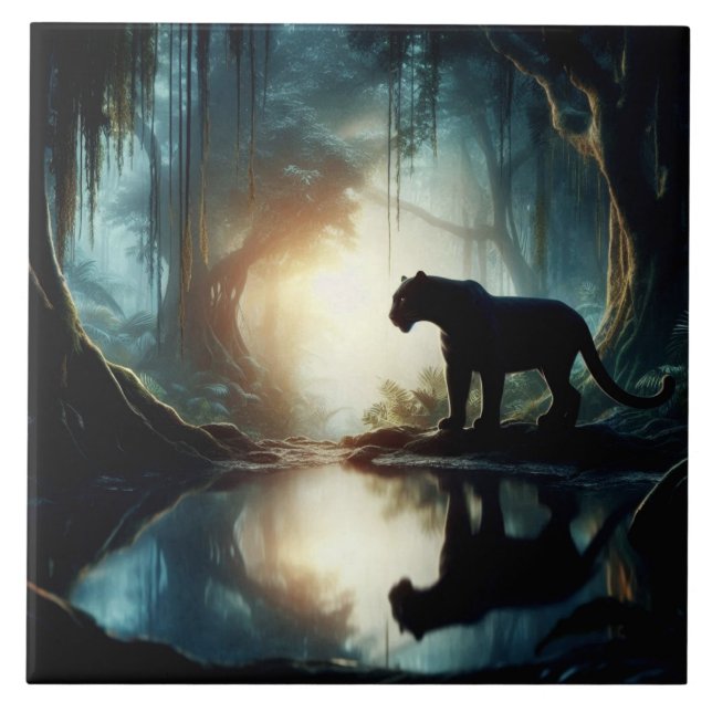 Black Panther Reflected in Pool of Water in Jungle Ceramic Tile (Front)