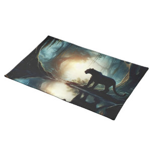 Black Panther Reflected in Pool of Water in Jungle Cloth Placemat