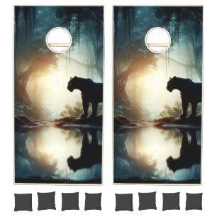 Black Panther Reflected in Pool of Water in Jungle Cornhole Set
